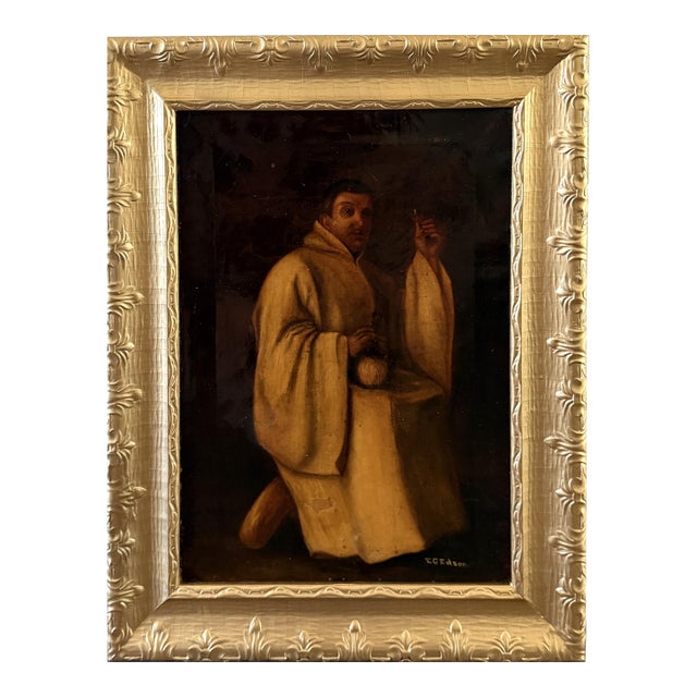 Antique 19c. Oil Painting Monk Portrait by e.c. Edson Gilt Frame Religious Art For Sale
