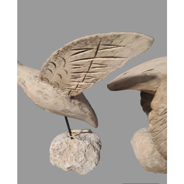 Late 20th Century Pair of Coastal Hand Carved Driftwood Birds on Stone Bases For Sale - Image 4 of 10