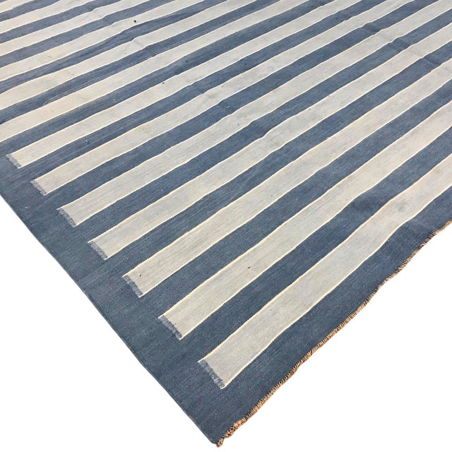 Traditional Vintage Dhurrie Rug With Blue Stripes and Cream Accents | Rug & Kilim For Sale - Image 3 of 5