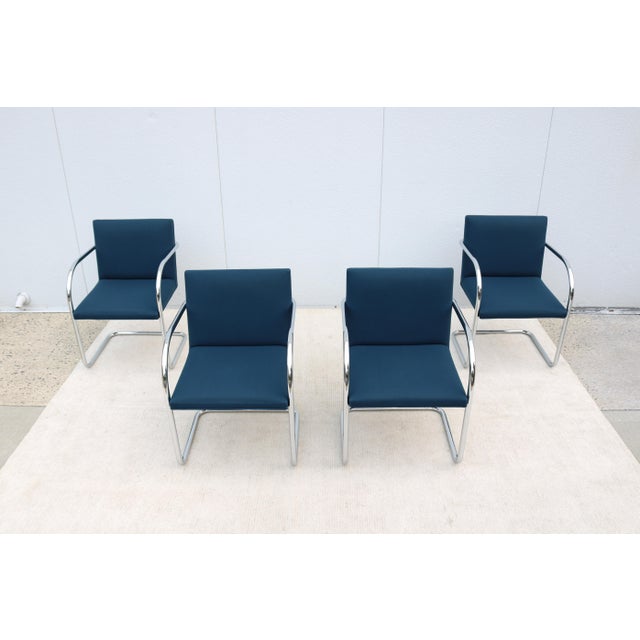 Bauhaus Ludwig Mies Van Der Rohe Brno Tubular Chairs in Royal Blue Fabric by Gordon - Set of 4 For Sale - Image 3 of 18