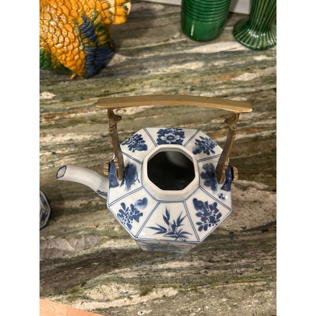Chinoiserie Vintage Blue and White Porcelain Teapot With Solid Brass Handle Hand Painted Thailand For Sale - Image 3 of 12