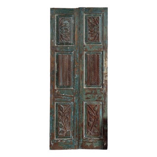Antique Blue Floral Carved Sliding Barn Door – Handcrafted Statement Door 80x32 For Sale