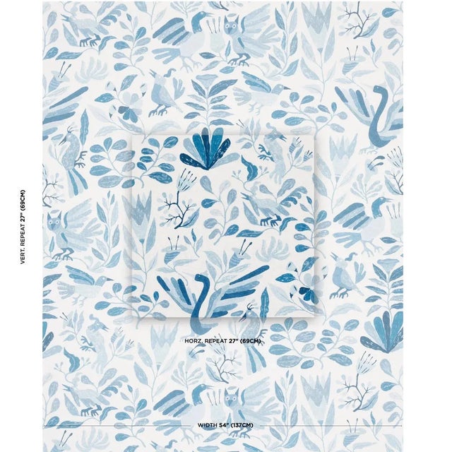 Based on art by Abel Macias, Canopy in blue-birds is a playful mid-scale design that derives its fanciful floral and fauna...