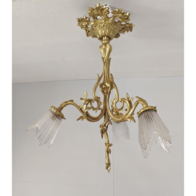 Baroque Antique French Louis XV Three-Light Chandelier in Bronze, 1890s For Sale - Image 3 of 11