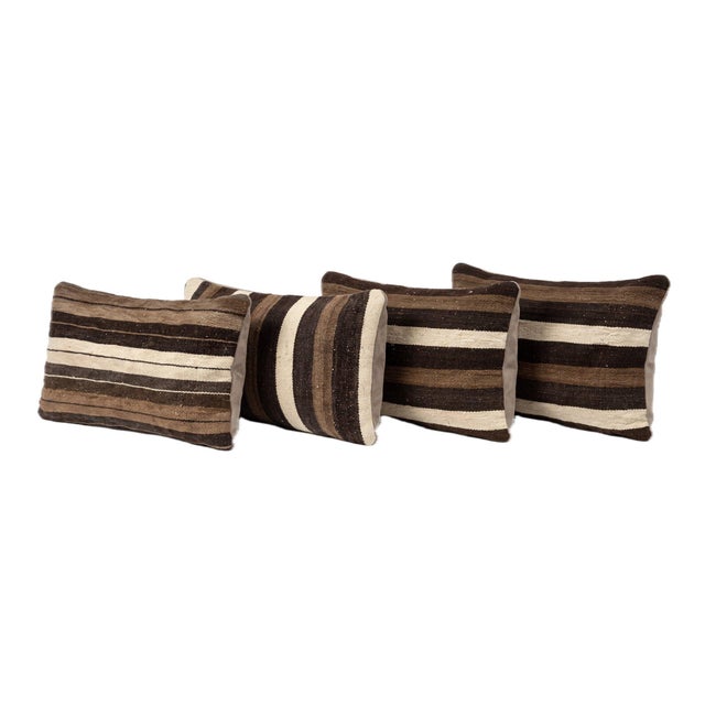 Mid-Century Modern Brown Striped Kilim Pillow Cover 16'' X 24'' - Set of Four For Sale - Image 3 of 4
