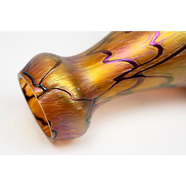 Amber-Orange Vases in Iridescent Molded Glass with Wavy Relief Decor from Pallme-König & Habel, Bohemia, 1900s, Set of 2 For Sale - Image 9 of 11