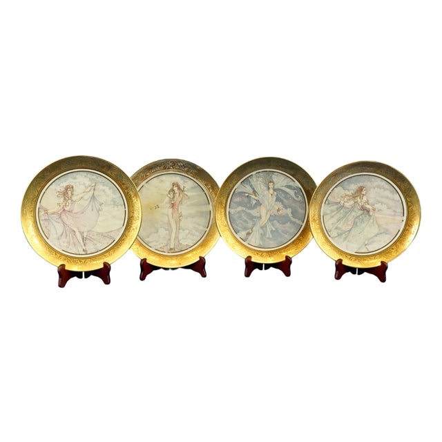 Art Nouveau Style Porcelain Plates with Ladies Motif and Gilt Edges by Umberto Banchelli for Manufacture Seltmann Weiden, Bavaria, 1980s, Set of 4 For Sale