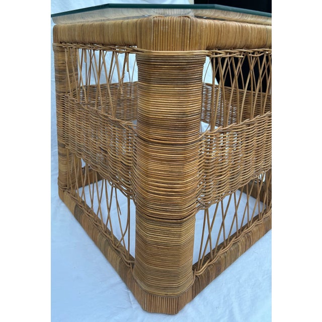 Late 20th Century 1970’s Woven Wicker Natural RattanTable With Glass Top For Sale - Image 5 of 12