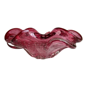 C.1970's Italian Hand-Blown Murano Scalloped Sommerso Cranberry With Bullicante' Bubble Inclusions