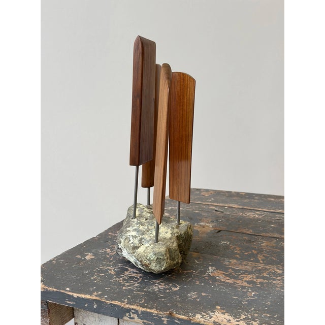 Vintage Teak Articulating Sails Sculpture With Rock Base by Paul Bechtold, Circa Mid 20th Century For Sale - Image 9 of 13