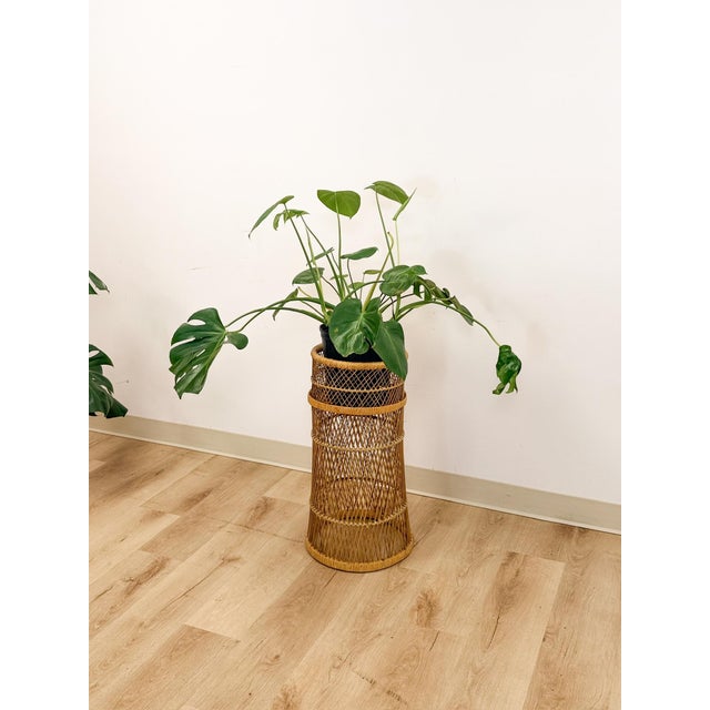 Vintage Round Wicker Plant Stand Woven Boho Coastal Decor Accent Rattan Pedestal For Sale In Tampa - Image 6 of 9