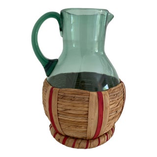 Vintage Green Blown Glass Pitcher With Woven Rattan Wrap For Sale