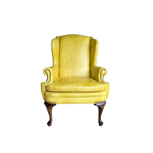 Hancock & Moore Vintage Shuford Furniture Yellow Leatherette Wingback Armchair | Queen Anne Style Faux Leather Accent Chair | Traditional Hollywood Regency For Sale - Image 4 of 14