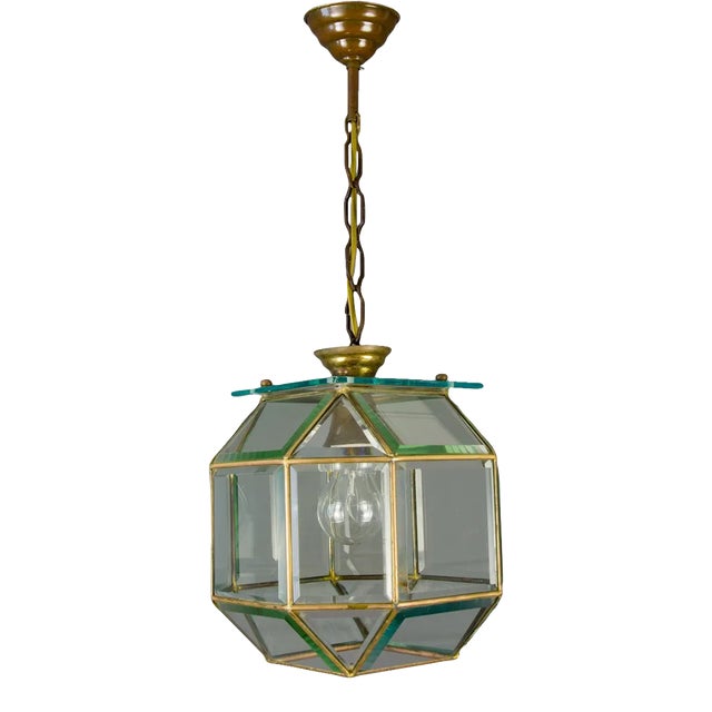 Mid-Century Italian Geometric Beveled Glass & Brass Pendant For Sale