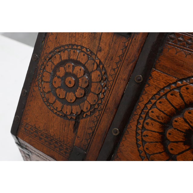 18th Century Carved Wooden Coffer with Slanted Lid and Iron Mounts, France For Sale - Image 12 of 14