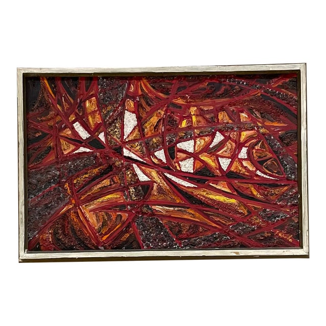 Modern Abstract Oil Painting, Fire Red, Signed, 1966, 19x13 in Mid-Century For Sale
