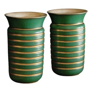 Art Deco Green and Gilt Vases from Villeroy & Boch, Luxembourg 1930s, Set of 2 For Sale