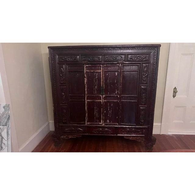 Late 20th Century Monumental Chinese Style Carved Wood Wedding Cabinet With Timeworn Patina For Sale - Image 12 of 12