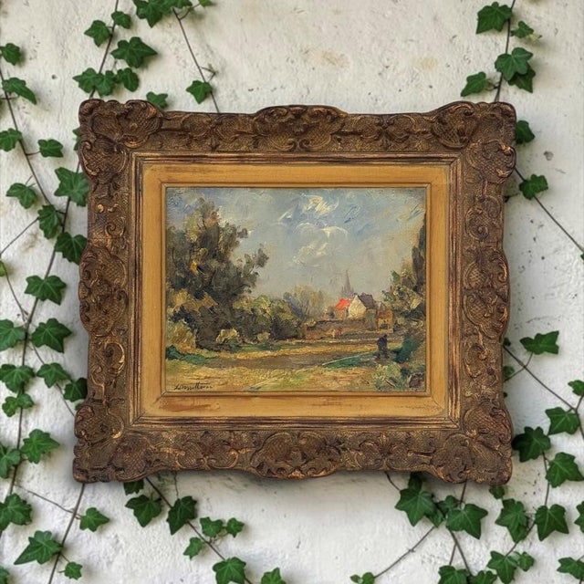 A country road curves toward a cluster of farm buildings beneath an expansive, cloud-filled sky in this signed oil on...