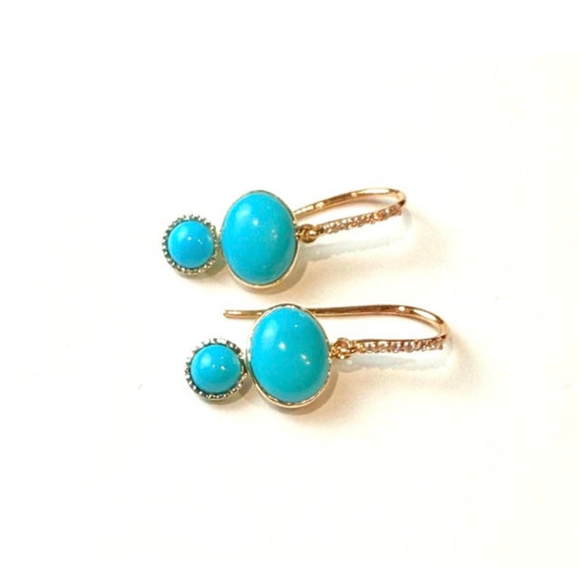 14k Yellow Gold Diamond & Natural Turquoise Shepherd Hoop Earrings, Pair For Sale - Image 4 of 6