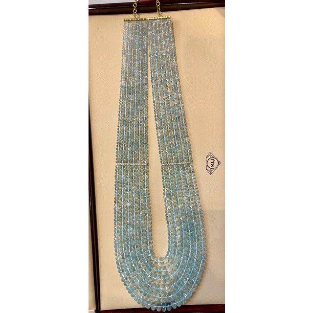 1100 Ct 6 Layer Natural Aquamarine Bead Necklace 14 Kt Gold and Diamond Necklace For Sale - Image 9 of 18