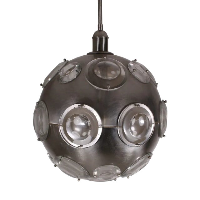 Chromed Metal Suspension Lamp and Glass Lens Speakers attributed to Oscar Torlasco, 1970s For Sale