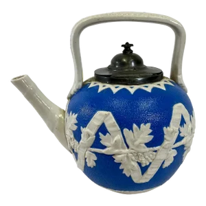 Antique Salt Glazed Tea Pot Decorated With Ribbons and Grapes With Pewter Lid From England - Circa 19th Century