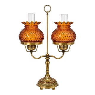 Large Vintage Deena Products Co. #267 Brass Twin-Arm Hurricane Lamp With Amber Hobnail Glass For Sale