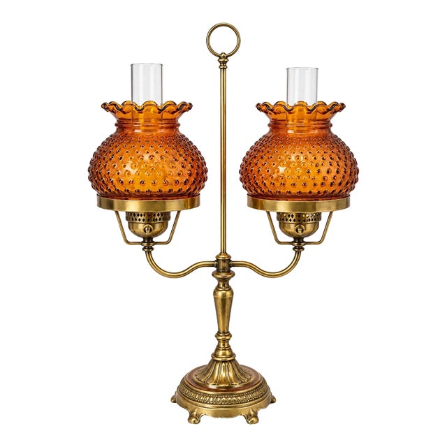 Large Vintage Deena Products Co. #267 Brass Twin-Arm Hurricane Lamp With Amber Hobnail Glass For Sale