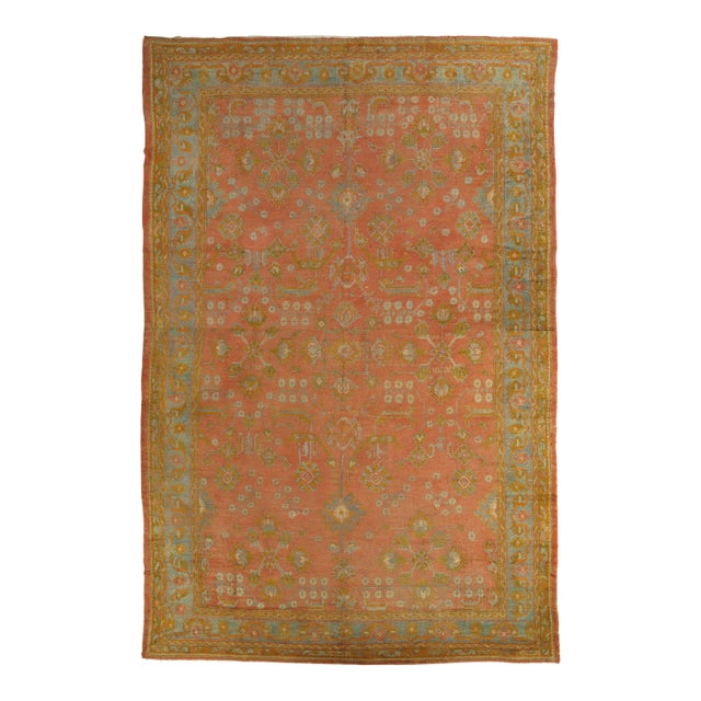 Antique Oushak Carpet, Oriental Rug, Handmade Rug Saffron, Light Blue and Coral For Sale