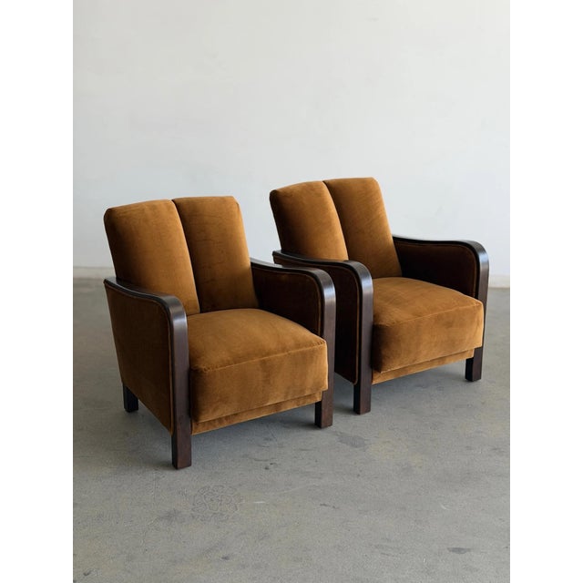 Art Deco 1940s Art Deco Twin Channel Club Chairs in Rust Velvet For Sale - Image 3 of 12