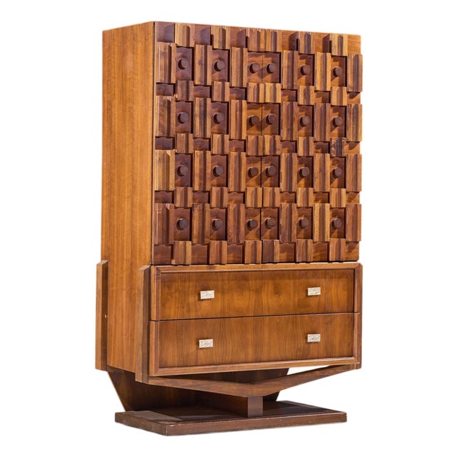Paul Evans Style Mid Century Canadian Brutalist Walnut Pedestal Armoire Highboy Dresser For Sale