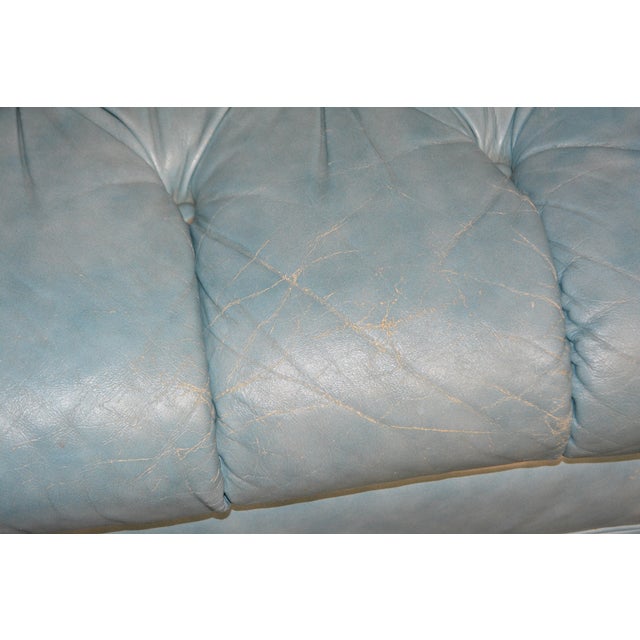 Drexel Heritage Vintage Drexel Aqua Blue Tufted / Buttoned Leather Chesterfield Loveseat Sofa For Sale - Image 4 of 18