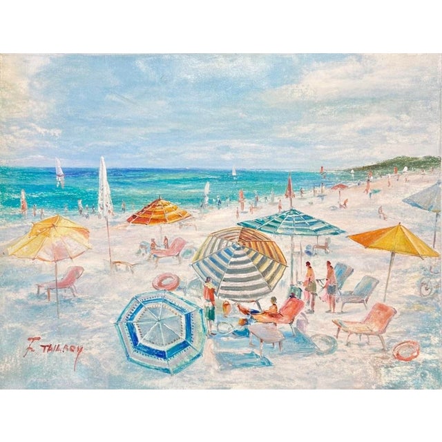 Charming original impressionist beach scene oil painting by artist F. Tailroy, depicting a lively shoreline filled with...
