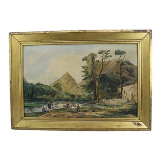 Antique Watercolor on Paper Landscape Painting With Figures 19thC For Sale