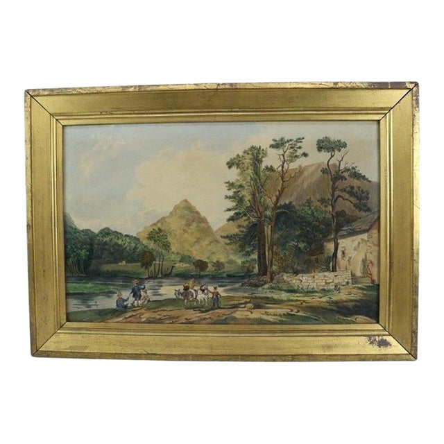Antique Watercolor on Paper Landscape Painting With Figures 19thC For Sale