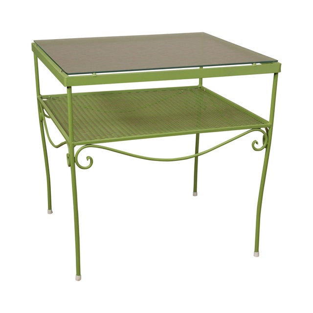 Woodard Vintage Green Painted Wrought Iron Glass Top Patio Side Table