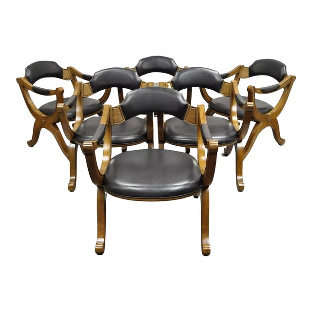 Mid 20th Century Vintage Drexel Esperanto Mid Century Spanish Style Curule Game Chairs - Set of 6 For Sale
