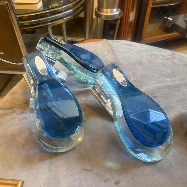 Veca Two 1960s. Space Age Steel and Blue and Verde Nilo Glass Wall Sconces by Veca For Sale - Image 4 of 15