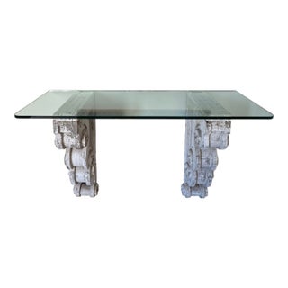 Late 19th Century Monumental Antique Carved Wood Architectural Corbel Console Table With Glass Top For Sale