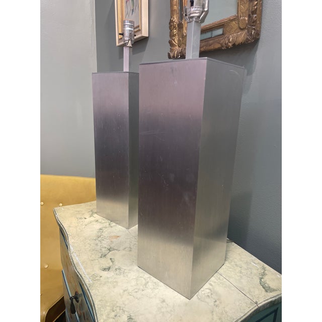 Metal Pair of Vintage Platinum Metal Table Lamps For Sale - Image 7 of 9