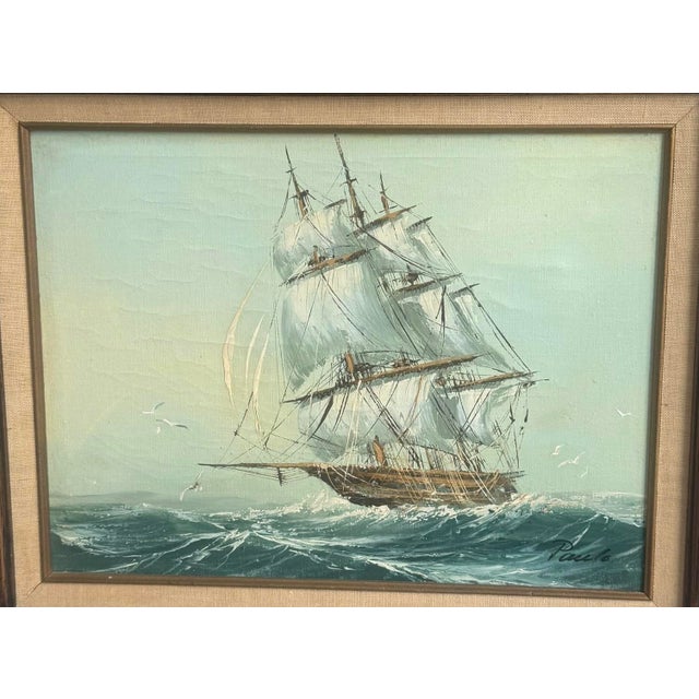 Traditional Mid 20th Century Framed Oil on Canvas Painting “Clipper Ship at Sea” Artist Signed Paolo For Sale - Image 3 of 12