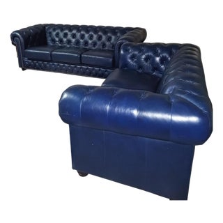 Elevate Your Living Space With These Navy Chesterfield Genuine Leather Sofa and Loveseat Set For Sale