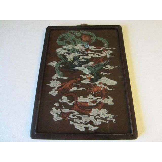 1930s Chinese Dragon Painted Glass Colored Flowers White Clouds Brown Wood Frame Brass Hanging Hardware For Sale - Image 9 of 14