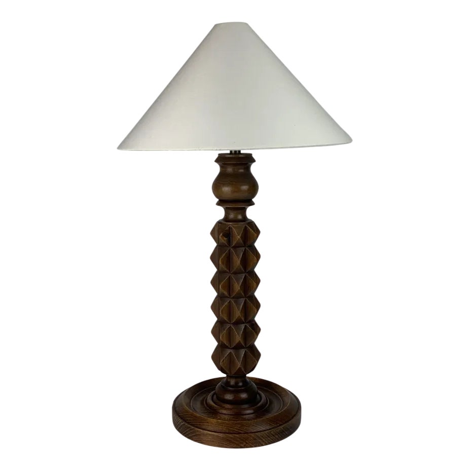French Brutalist Wood Turned Table Lamp by Charles Dudouyt, 1940s