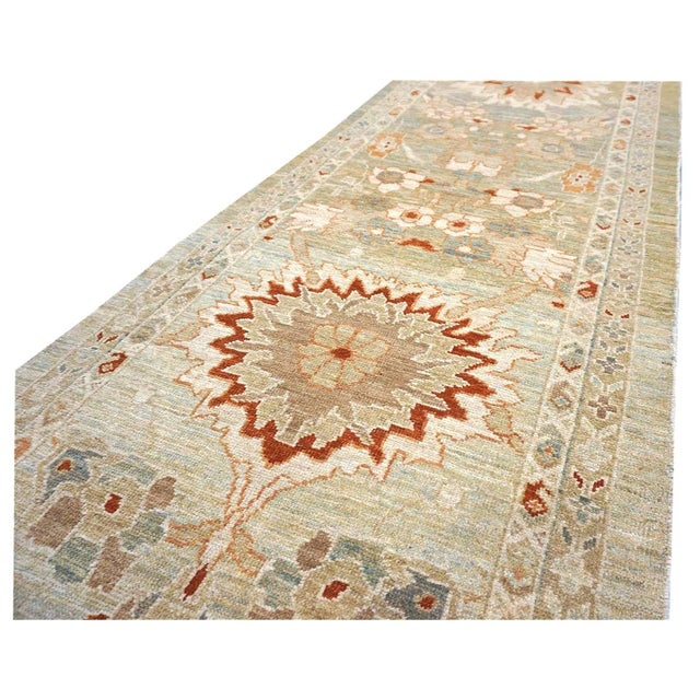 Persian Sultanabad Wool 3x12 Khaki, Slate, & Rust Handmade Runner Rug #1142113 For Sale - Image 9 of 13