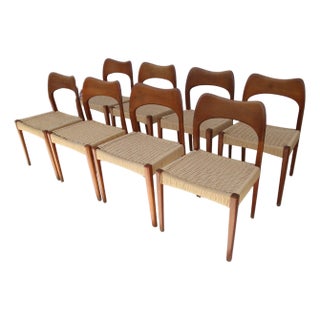 Late 20th Century Arne Hovmand Olsen For Mogens Kold Mcm Danish Teak Papercord Dining Chairs - Set of 8 For Sale