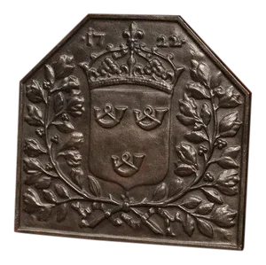 19th Century French Black Iron Fireback With Crown Family Crest and Foliage