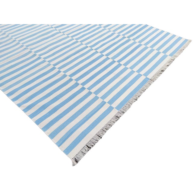 Handmade Reversible Cotton Vegetable Dyed Blue and White Striped Rug-8'x10' For Sale - Image 6 of 11
