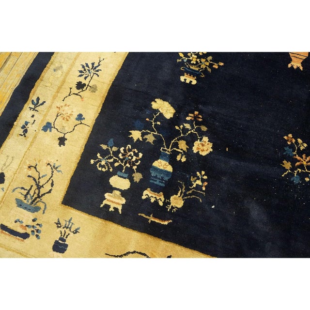 Textile 1920s Navy Blue Vase Deco Modern Antique Chinese Art Handknotted Wool Carpet Rug For Sale - Image 7 of 9